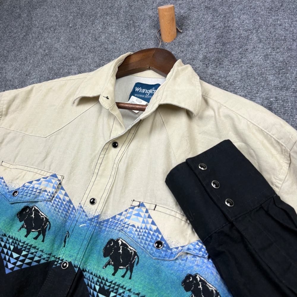 Wrangler Western Shirt Mens Large Black Cream Buffalo Print Snap Button MC1255M